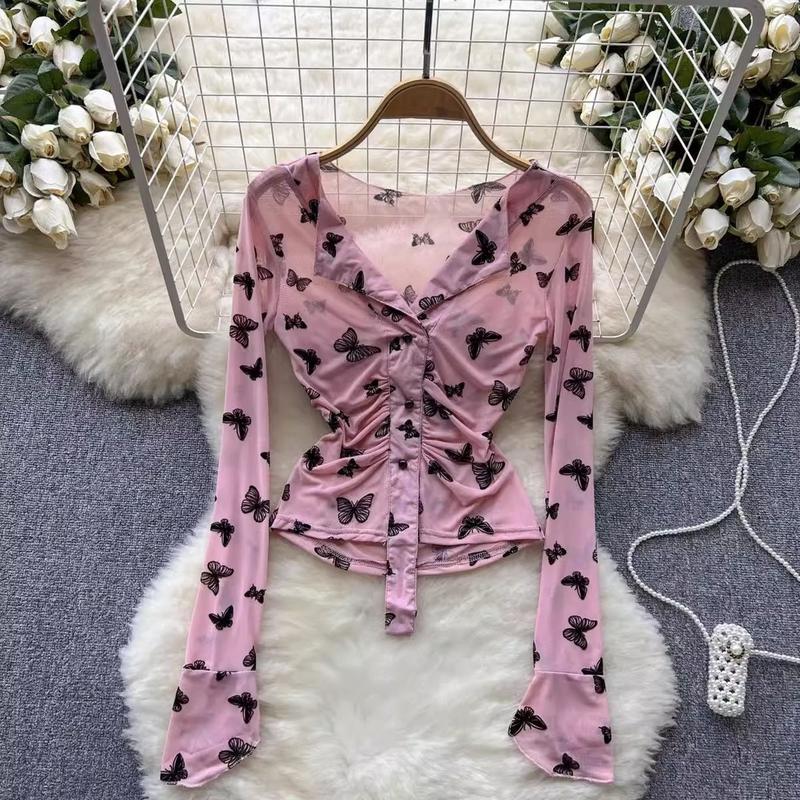 Áo Cánh Mùa Hè In Hình Bướm Cho Nữ, Áo Sơ Mi Dài Tay Cổ Chữ V, Dáng Ôm, Cho Kỳ Nghỉ, Thời Trang Đường