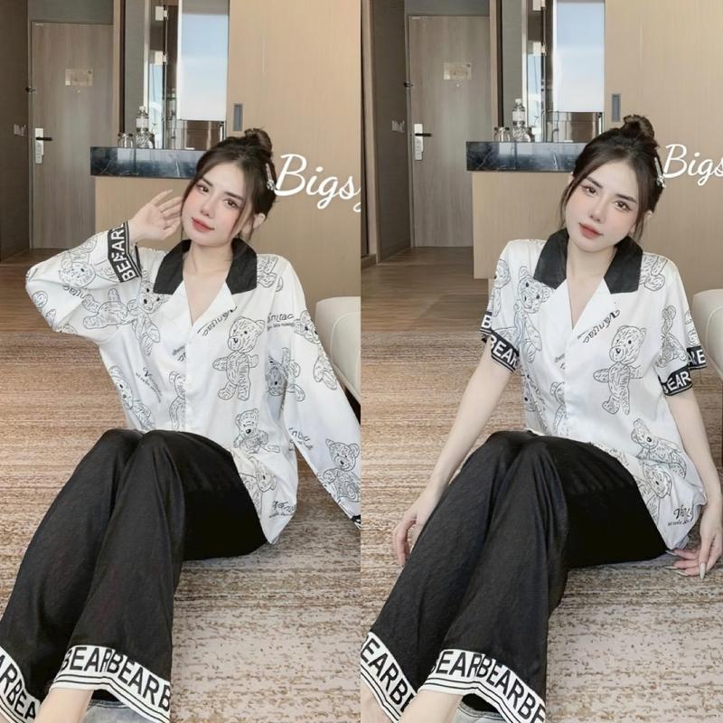(40-60kg và 60-80kg) Đồ Bộ Pizama Dành Cho Nữ, Chất Vải Lụa Xước Mềm, Thoáng Mát, Tay Dài Tay Ngắn Quần Dài, In Họa Tiết Gấu Đen Nền Trắng LỤA XƯỚC Voi Nhung
