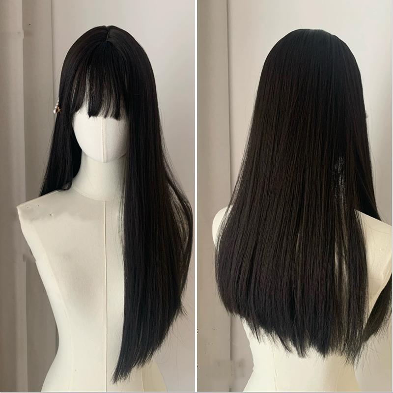 Product Introduction of Black Wig Long Straight Wig with Bangs Natural Color Synthetic Cosplay Wig for Women Men Cosplay Party Wear 12