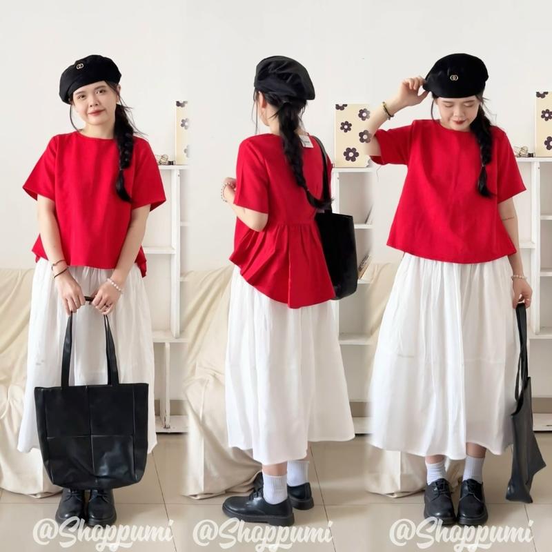 Áo kiểu baby doll peplum nữ cổ tròn tay ngắn nhiều màu freesize Pumi 15684 Women Top Kem 6