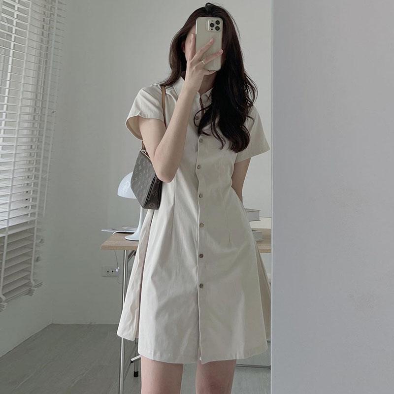 Y#0925-03  Minimalist style lapel dress, Korean version summer single breasted, waist cinching short sleeved shirt dress, solid color dress Casual Womenswear Lingerie Gowns Basic Women Lady Casual Wear Comfort Dresse Button 1