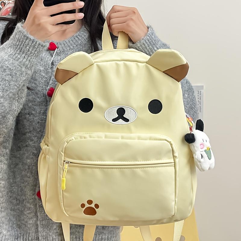 Product Introduction of Chic Bear-Themed Nylon Backpack for Women - Casual School & Travel Daypack, Solid Color with Practical Pockets, Available in White/Brown/Yellow 15