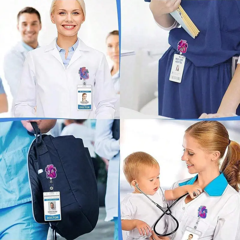 Heart Pattern Badge Holder, 1 Count Retractable Badge Reel with ID Clip, Identification Badges & Supplies for Nurse Doctor Student Worker 4