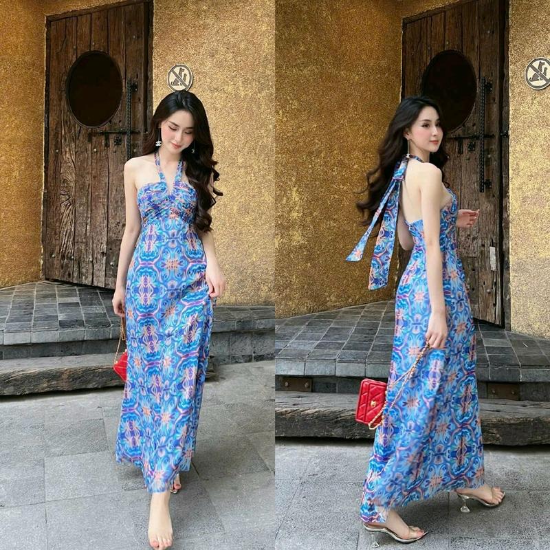 Đầm maxi voan thổ cẩm xanh cổ yếm cột nơ