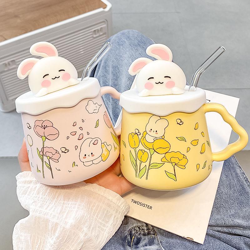 Cốc uống nước cốc sứ hình thỏ dễ thương làm quà sinh nhật quà tặng 420ml+Ống hút thuỷ tinh TTB 02