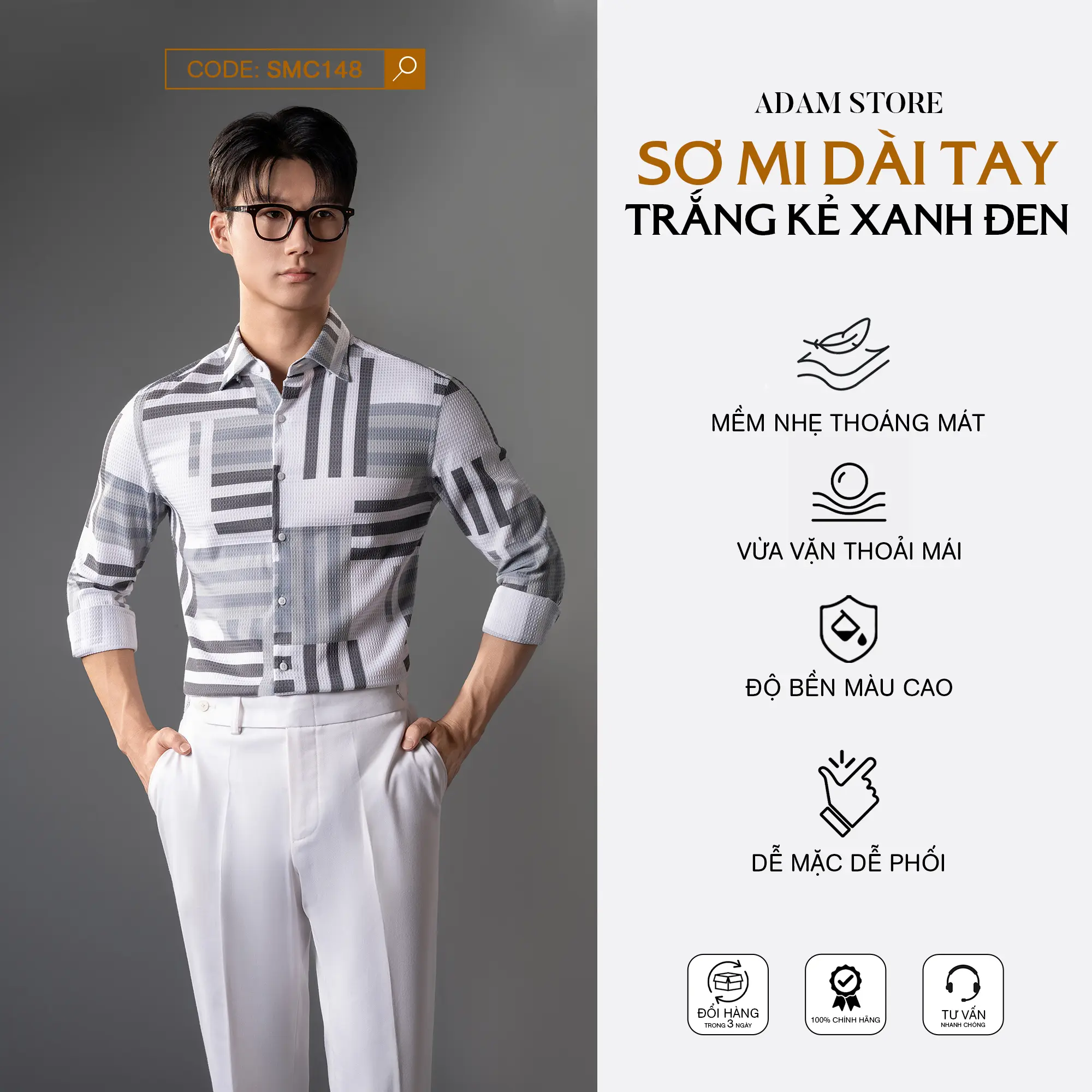 ÁO SOMI ADAM STORE DÀI TAY TRẮNG KẺ XANH ĐEN SMC148