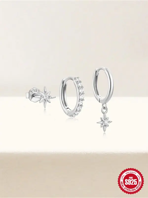 925 Sterling Silver Star Design Hoop Earrings & Stud Earrings, Fashionable Earrings for Women & Girls, Trendy All-match & Exquisite Jewelry for Birthday Gift 5