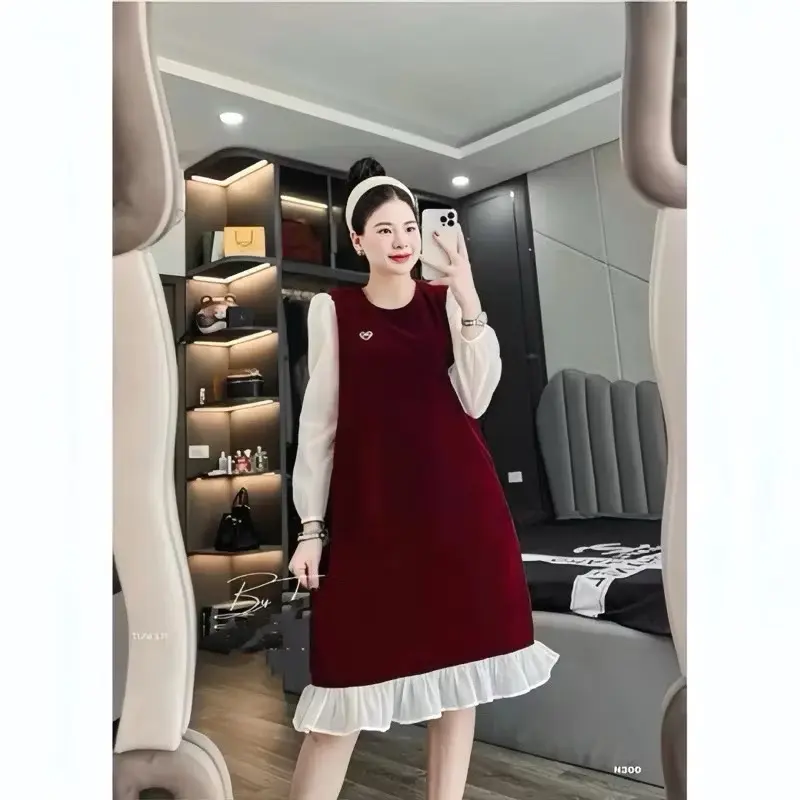 Váy bầu thu đông nhung phối tay tơ dáng suông - Đầm Bầu