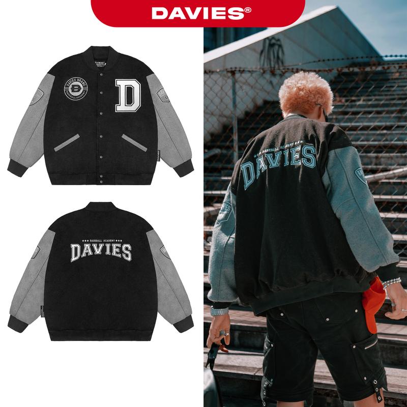 Varsity jacket cổ bẻ DAVIES kaki, nỉ màu đen phối tay xám logo thêu form rộng 2 lớp Baseball Academy local brand