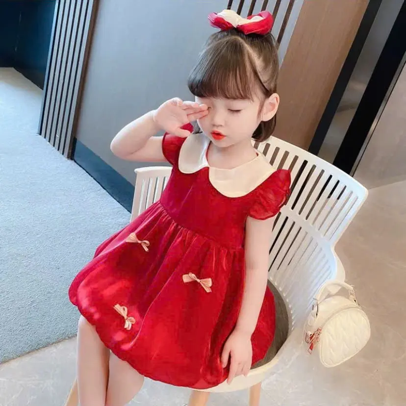 Đầm bé gái tơ óng màu đỏ [TE24] kem mặc tết xinh xắn Vibakids