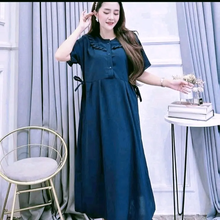 Daster Dress Wanita Dewasa  Busui  Kancing Ruffle Kekinian  Mewah  Kain Crinkle Airflow Premium Nyaman Tebal Remaja Samping Panjang Katun Cantik Midi Bumil 3