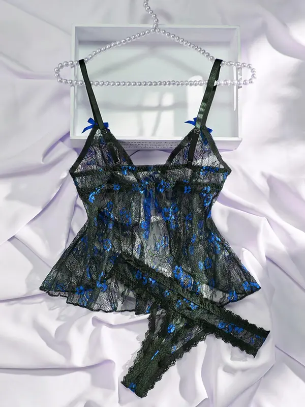 Women's Floral Print Sheer Lace Sexy Lingerie Set, Bow Decor Split Lingerie Top & Thong Set, Romantic Underwear Set for Ladies, Naughty Lingerie 7