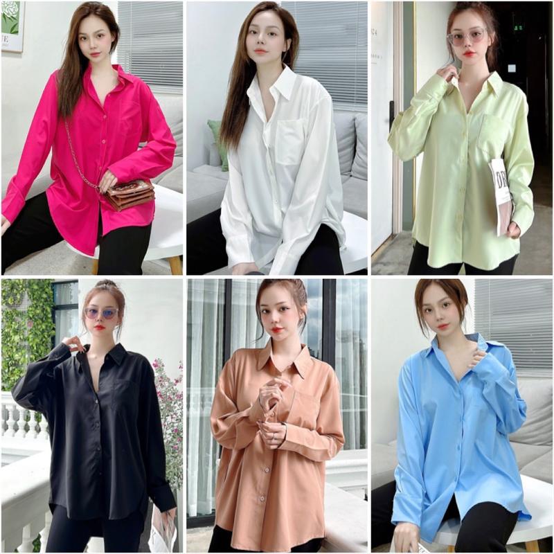 Áo sơ mi form rộng bigsize 50-90kg chất lụa hàn nhiều màu đơn giản tay dài cổ sơ mi Nữ Women