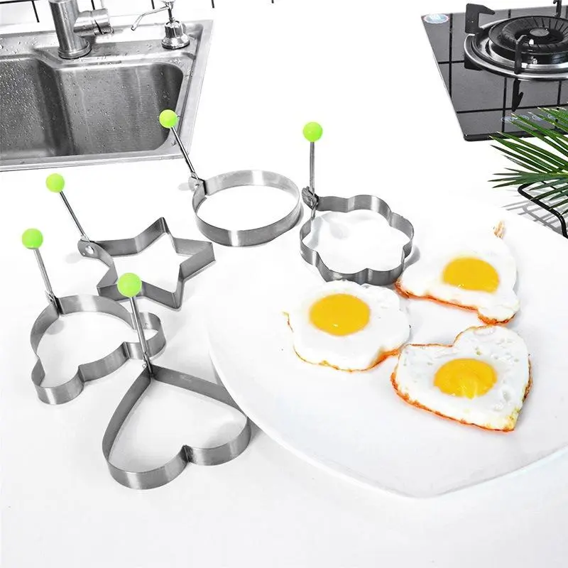 Reusable Stainless Steel Egg Ring With Handle, 5pcs/Set Egg Fry Mold, Household Bundle Kitchen Utensils