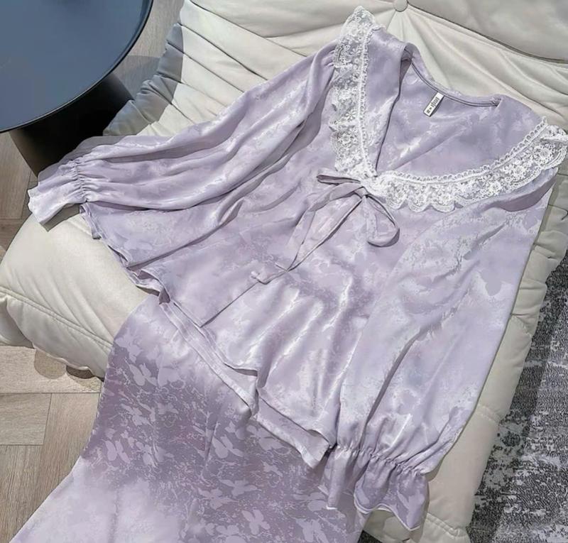 N127 - pijama tiểu thư lụa gấm mềm hoạ tiết vân gấm thắt nơ cho nữ - Bộ ngủ lụa hàng quảng châu cao cấp
