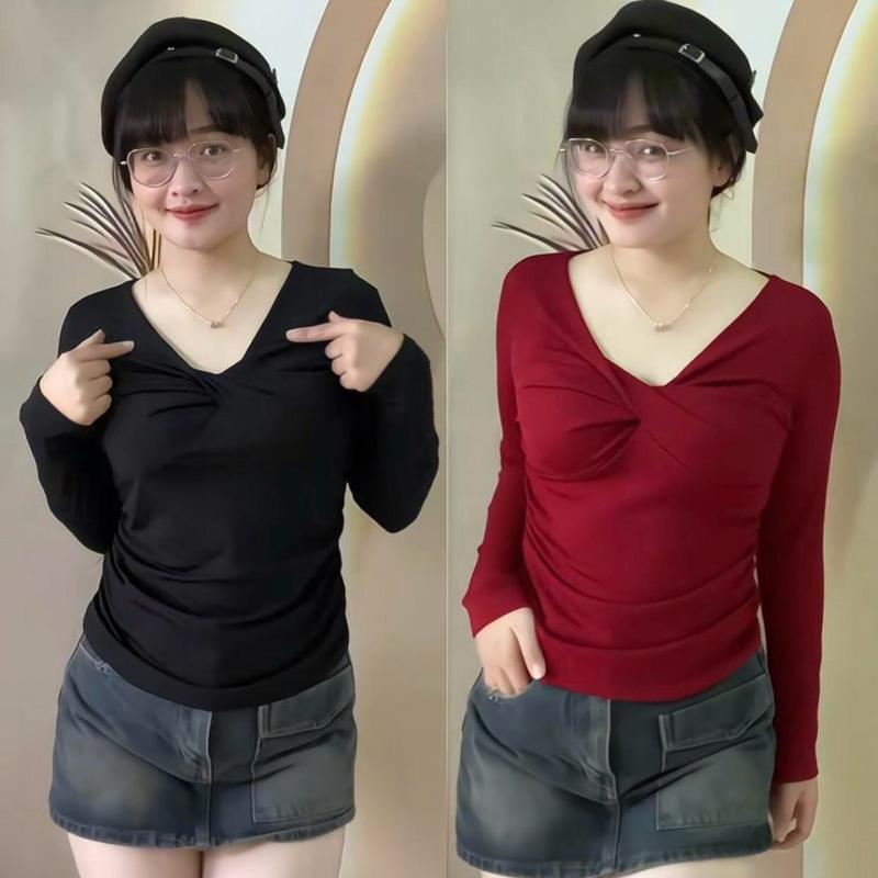 Áo Thun Nữ Kiểu Xoắn Ngực Tôn Dáng Sexy Tay Dài chất thun gân Cổ chữ V Trơn OO85 Women Top Sò Sen