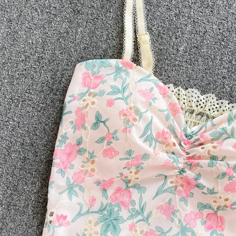 Comfitstore Und334 Tanktop Pantai Wanita Motif Bunga Bagian Dada Kerut Jiso Lembut Nyaman Busa Panjang Pink Kotak Pita 4