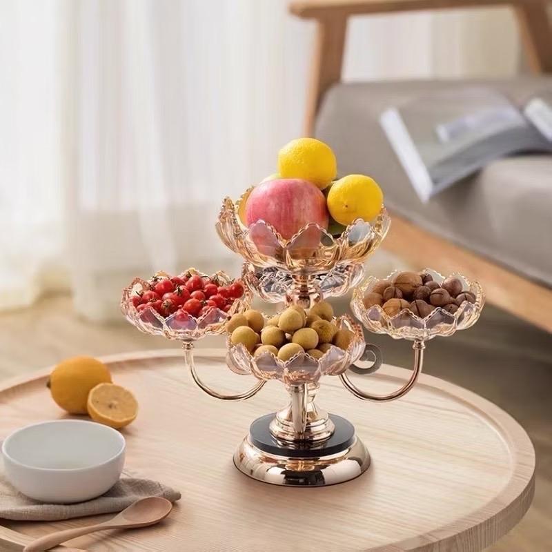 Khay mứt tết pha lê,khay đựng bánh kẹo, hoa quả, Khay mứt 5 cánh, 2 tâng xoay 360 độ sang trọng