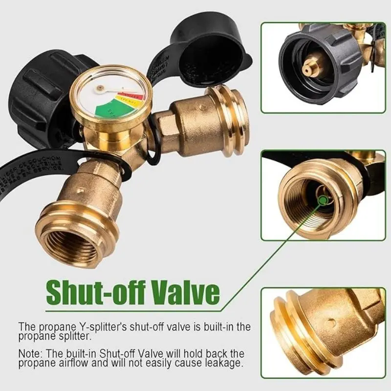 Propane Tank Splitter with Gauge & Shut Off Valve, 2 Way Propane Splitter Adapter, Propane Hose Splitter Manifold for Camping Stoves, Heater, BBQ Grill, Gas Burner 3