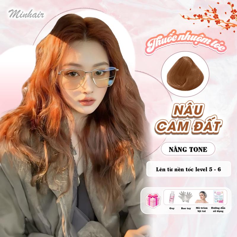 Thuốc nhuộm tóc Nâu Cam Đất, không tẩy, tặng kèm oxy trợ dưỡng và bao tay  Nữ Đổi Màu Tóc Women