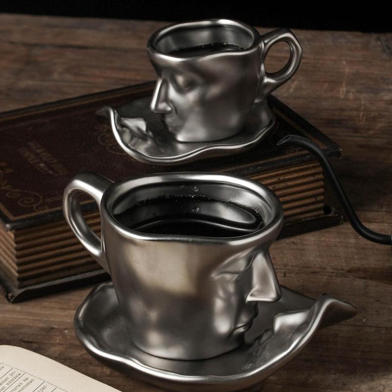 Creative Face Design 250ml Coffee Cup & Saucer Set, 2pcs Ceramics Coffee Mug for Table Novelty Coffee Cup Set for Home Office, Gift Ideas 7