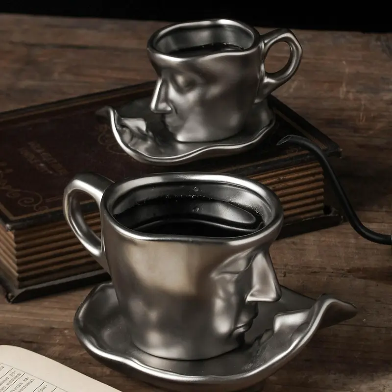 Creative Face Design 250ml Coffee Cup & Saucer Set, 2pcs Ceramics Coffee Mug for Table Novelty Coffee Cup Set for Home Office, Gift Ideas 7
