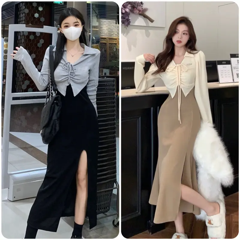 Dress Basic Simple Knit Lembut Premium Bahan Melar Lengan Panjang Gaun Casual Bodycon Slim Sexy Wanita  Baju Home Dress Nyaman M436 1