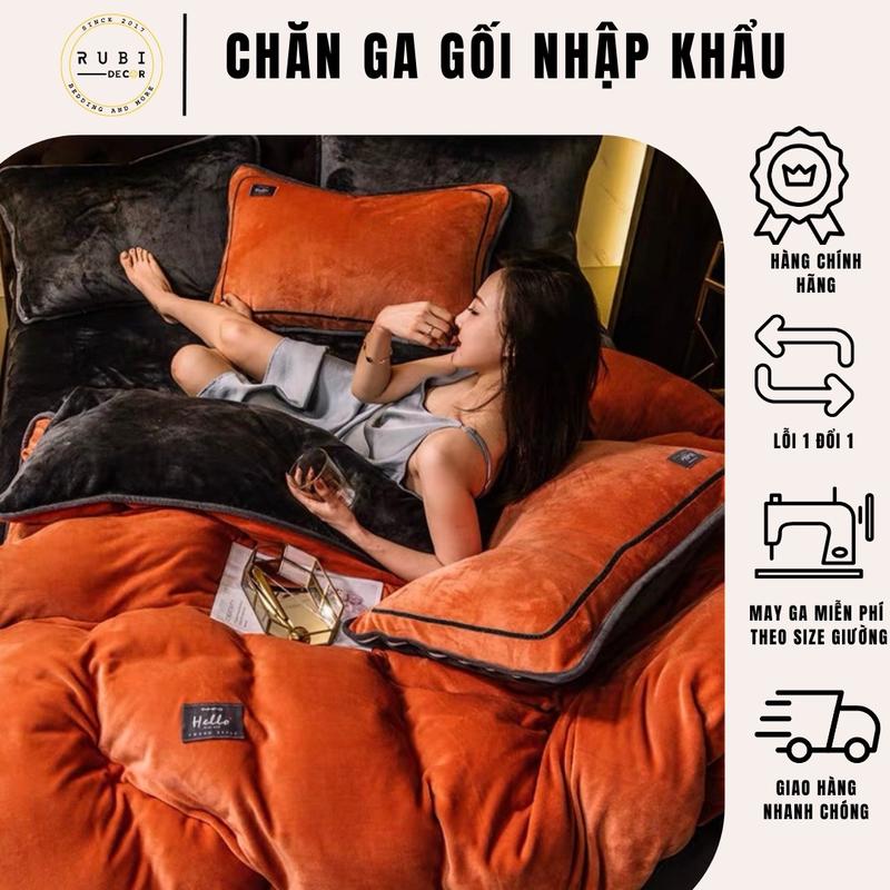 Bộ vỏ chăn ga gối nỉ nhung phối màu đơn sắc tinh tế, sang trọng rubi decor( vỏ chăn, ga, 2 vỏ gối nằm)