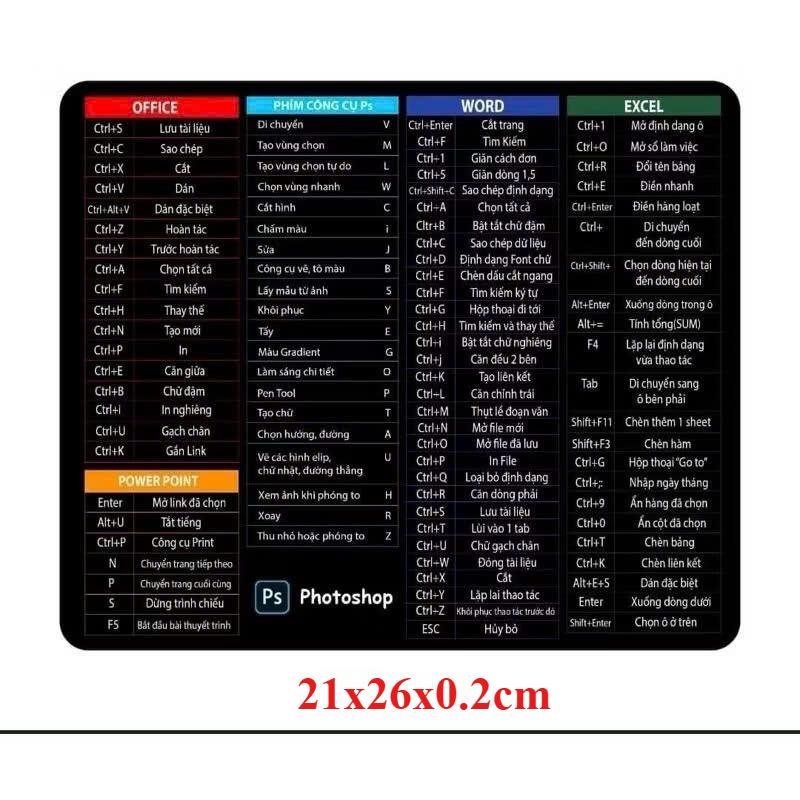  DRAKOX Lót Chuột Bàn Di Tấm Lót Chuột Phím Tắt Văn Phòng Tiếng Việt Hỗ Trợ Làm Việc Chơi Game Thiết Kế Đồ Họa Kích Thước 80x30x0,2cm-80x30x0,4cm-21x26x0.2cm 