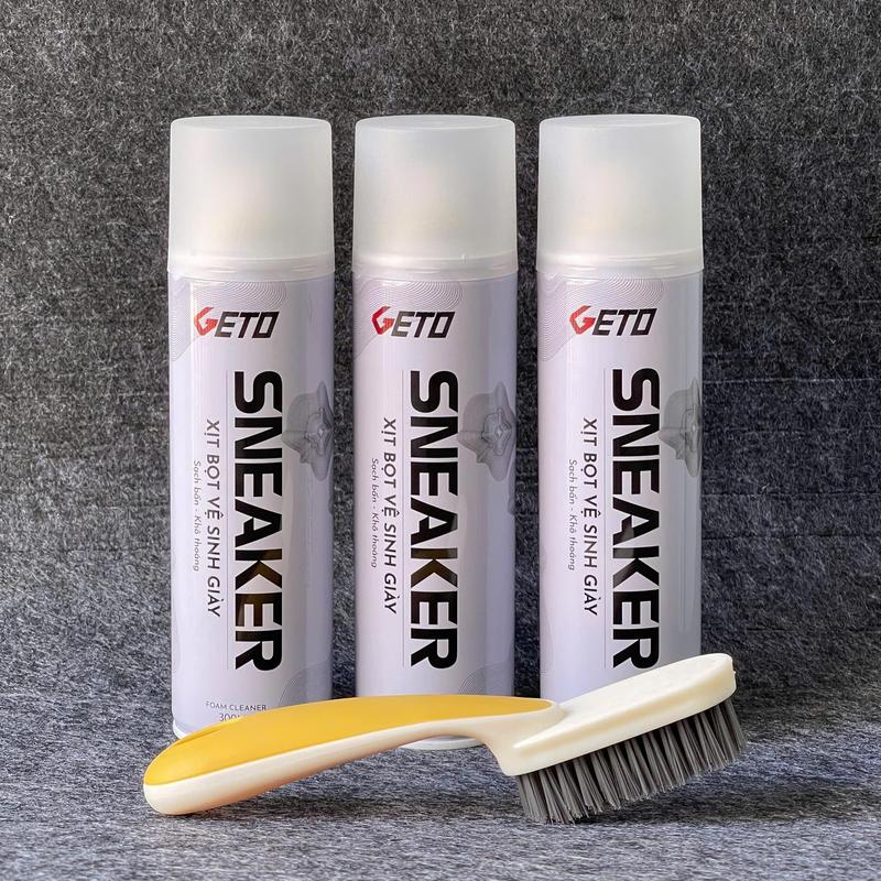Bộ 3 Chai Vệ Sinh Giặt Khô Giày Sneaker Geto (Tặng Kèm Bàn Chải) - Xịt Tạo Bọt Vệ Sinh - Khử Khuẩn - Dung Tích 300ml - Nam Nữ xidanh giay tẩy trắng combo  vệ  sinh  giày ruagiay