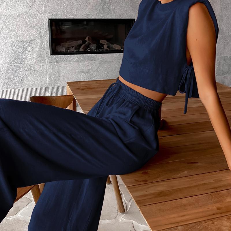 Fashion Cotton and Hemp Set Women's 2025 Summer New Style Shoulder Pads Sleeveless Top Pants Two Piece Set European and American Casual Womenswear Clothes 2