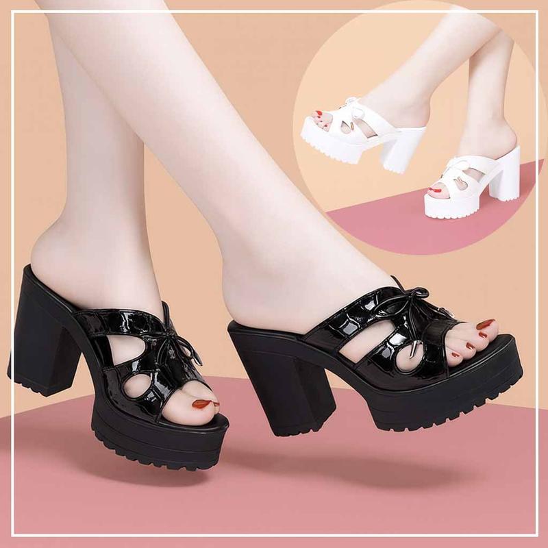  Giày Cao Gót Nữ Đế Vuông Quai Da Bóng Hở Mũi Nơ Xinh Sang Trọng Size 35-40 Chiều Cao 9cm Màu Đen Trắng Giày Sneaker Nữ Đẹp Freeship - CG133 