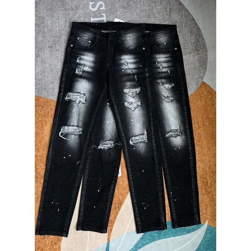 Shop men's beautiful and personality painted strap long black jeans jean pants soft thin section High stretch jeans 5