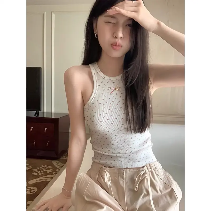 Áo ba lỗ in hoa nhí thêu nơ ôm body 0