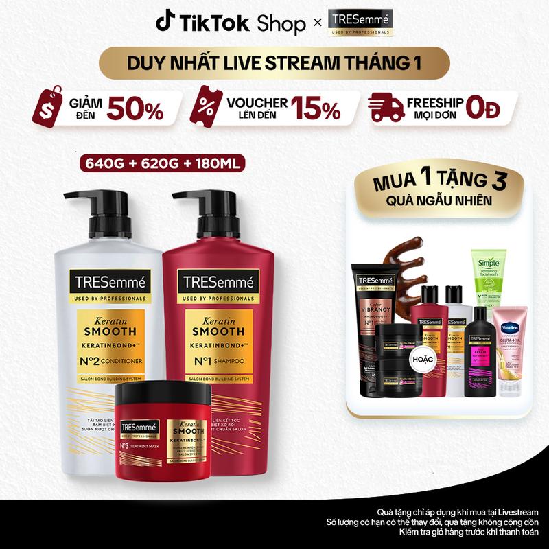 1 Combo Dầu Gội Dầu Xả Kem Ủ TRESemmé Keratin Smooth Women Cho tóc khô xơ rối Công thức Hydrolyzed Keratin Dưỡng Tóc Vào Nếp Suôn Mượt 640g 620g 180ml