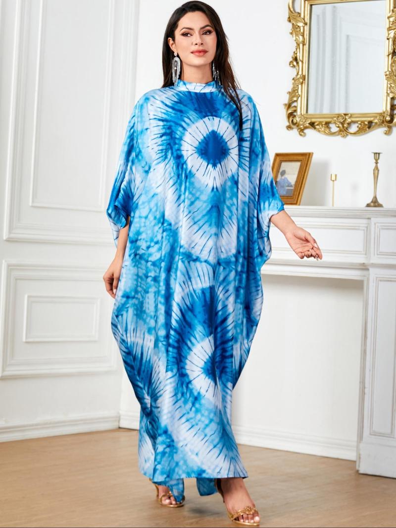 Product Introduction of Women's All Over Print Batwing Sleeve Kaftan, Elegant Mock Neck Long Sleeve Dress, Arabic Clothing for Women 17