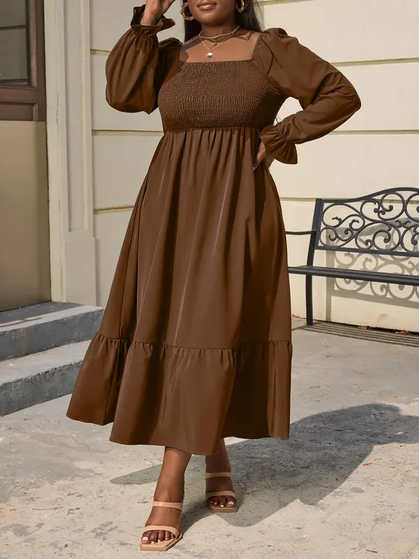 CURVZY Plus Size Plain Shirred Ruffle Hem Autumn Aesthetic Milkmaid Flounce Sleeve Dress, Plus Casual Square Neck Long Sleeve A Line Dress for Daily Wear, Fall & Winter Clothes, Casual Dresses 7