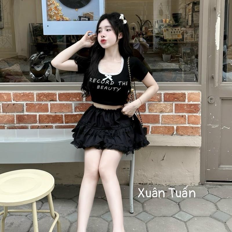 Set áo crt kèm chân váy xin xắn - style dể thương - freesize dưới 65kg - dành cho mùa hè Nữ Kem Top set  botieuthu 1