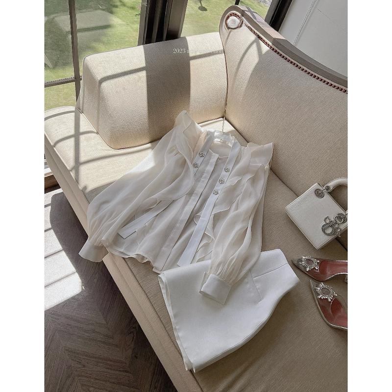 (Có BigSize) Set Áo Tay Dài Bèo Cổ Dây Kết Đá Và Chân Váy Chữ A 2 Túi Mổ A2CV013 3