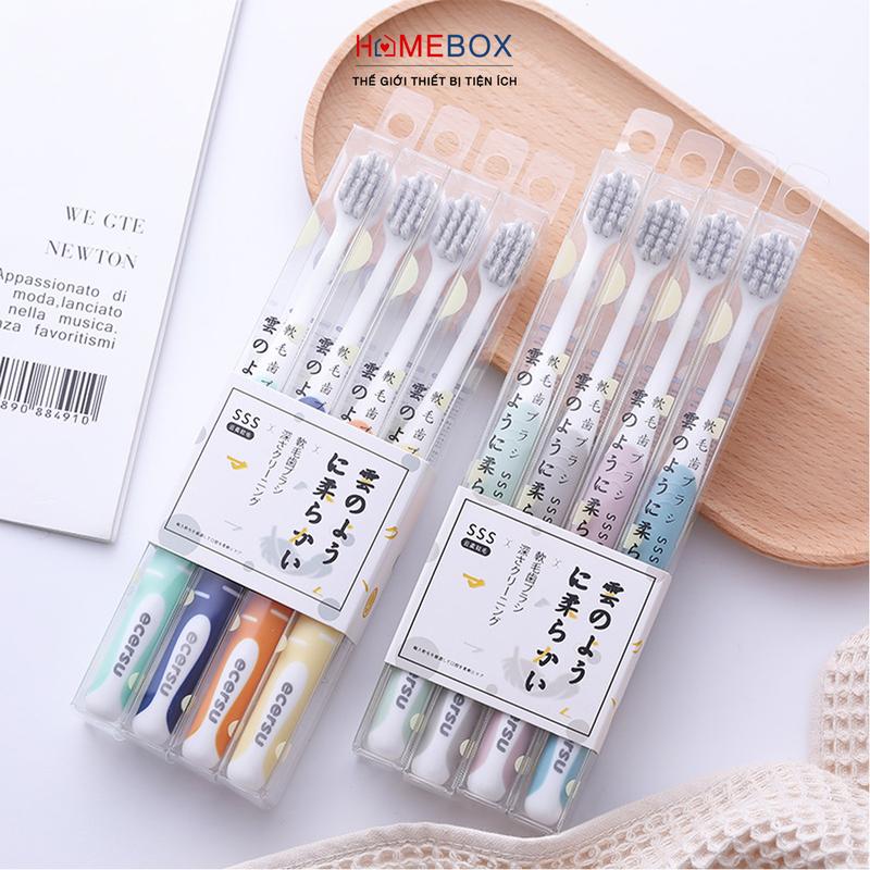 Bộ 4 bàn chải đánh răng Nhật lông tơ mềm mại Bàn trải đánh răng Than tre hoạt tính lông mềm chải siêu êm bảo vệ nướu