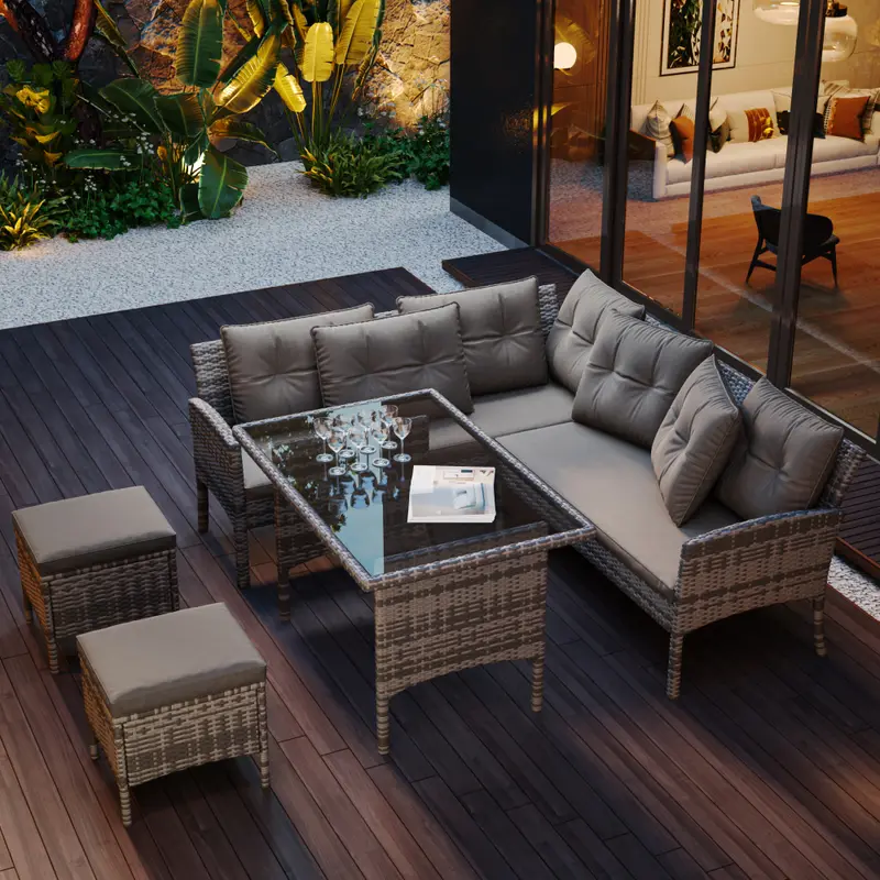 6-7 Seater Rattan Corner Sofa Set with Coffee Table - Mixed Khaki Wicker Garden Furniture - All-Weather Patio Set with Removable Light Cushions Chairs Couches 4