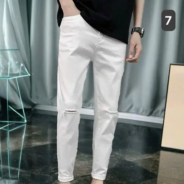 Quần jeans nam 69 rách gối màu xanh rêu, chất liệu bò co giãn thời trang cao cấp NấmStore form skinny mới Menswear Có Túi Pants 6