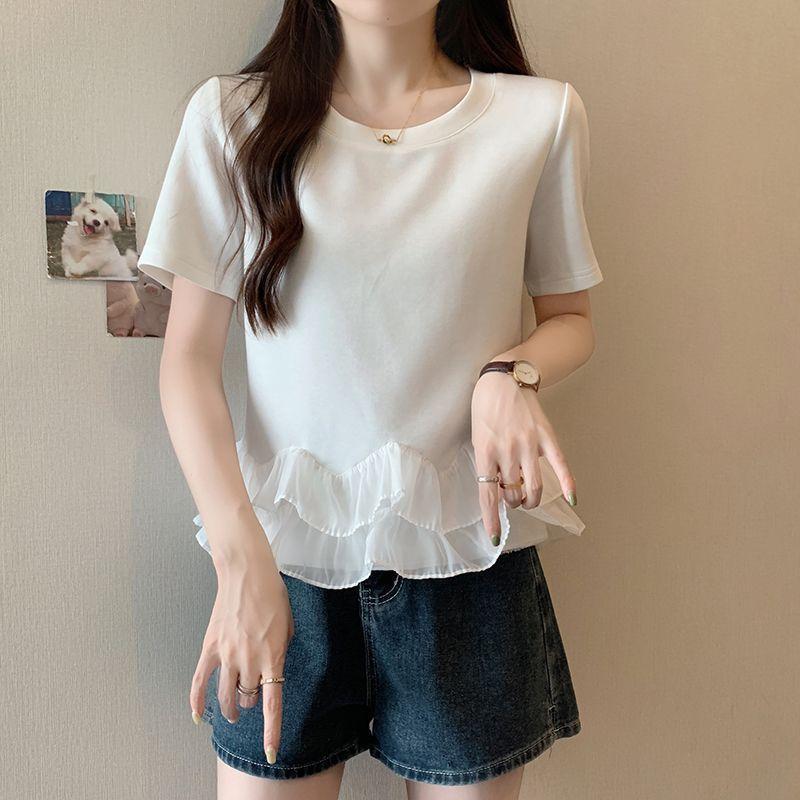 Áo Thun Ngắn Tay Chắp Vá Xếp Nhún Ngoại Cỡ Dành Cho Nữ, Dáng Rộng Vừa Vặn, Bó Sát, Ngoại Cỡ, Thích Hợp Cho Mùa Hè 2024, Áo Bé Gái, Phong Cách Ins 2