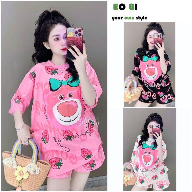 Bộ Đồ Ngủ Tay Ngắn Dáng Rộng In Họa Tiết Gấu Và Dâu Tây Cỡ Lớn Thời Trang Mùa Hè 2024 Mới - EOBI Nữ Áo 1