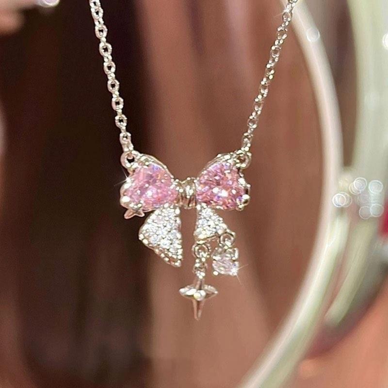 Explosive Network Red Pink Bright Bow Necklace Ins Students Sweet Cool Girl Clavicle Chain with Light Luxury Senior Sense of Summer 4