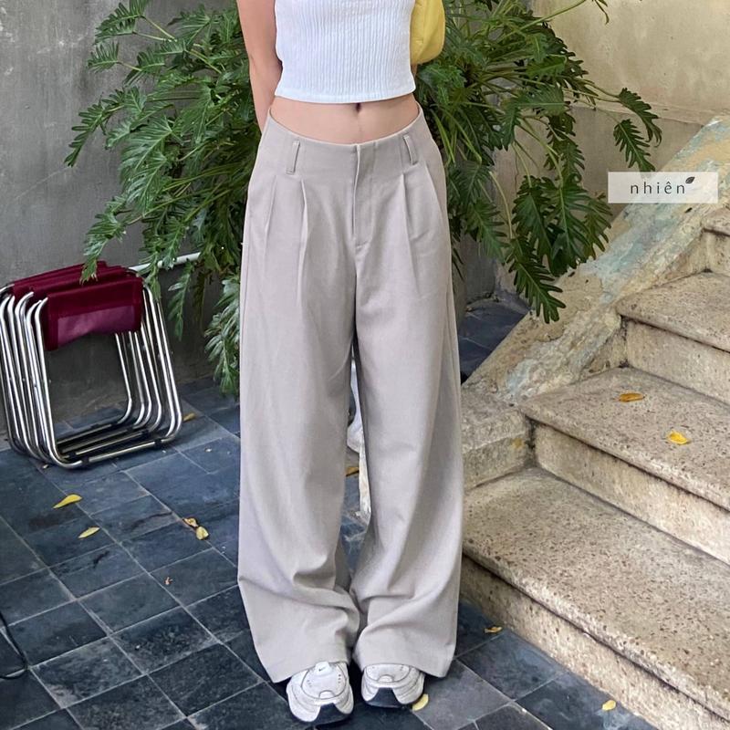 Maxine Trouser - Quần tây suông trơn dài ống rộng nữ nhiennhienvintage BQ153 Women Pants  Kaki Ong Kem