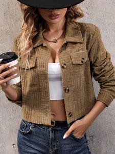 Women's Solid Textured Button Front Drop Shoulder Crop Jacket, Casual Long Sleeve Collared Pocket Outerwear for Daily Wear, Ladies Clothes for All Seasons