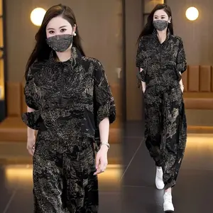 FADFAD Setelan Lengan Pendek Dengan Bawahan Celana Panjang Motif Cetak Gaya Kasual Modis