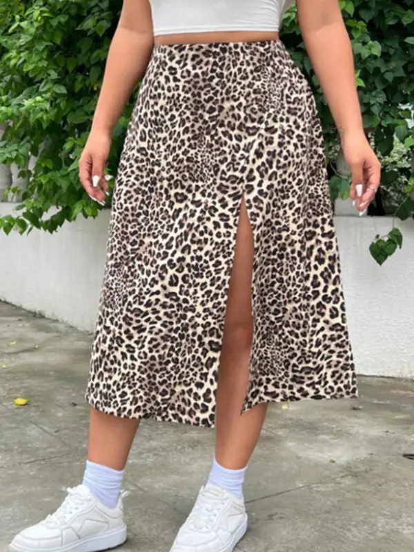 Women's Leopard Print Split Thigh  Skirt, Casual Fashion Midi Skirt for Daily Outdoor Wear, Ladies Bottoms for Summer 3