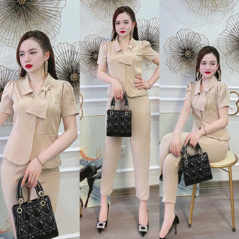 Bộ công sở màu nâu tay ngắn trượt hàn quốc, chất liệu vải loại một cho nữ - Áo, kiểu vét cổ nơ 7